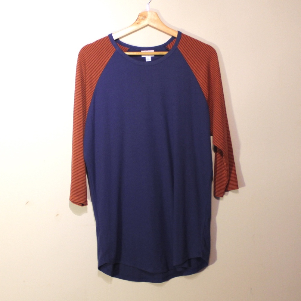 Lularoe Orange and Navy Ribbed Baseball Tee